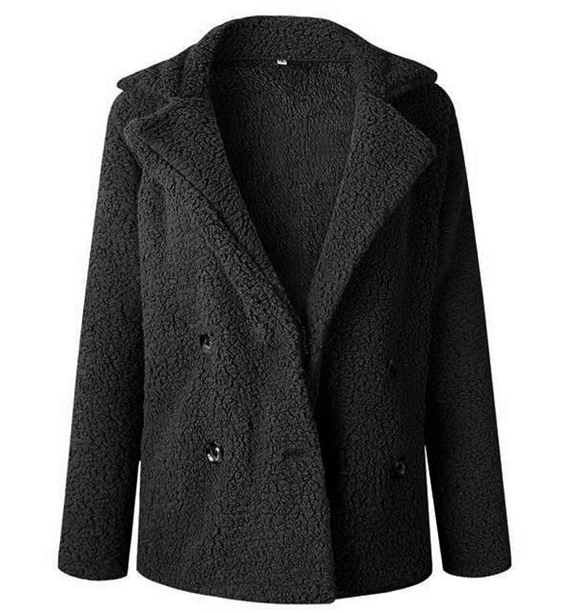 Street-Wave Womens Plush Faux Fur Double-Breasted Blazer Cozy Teddy Texture For Warm Chic Style