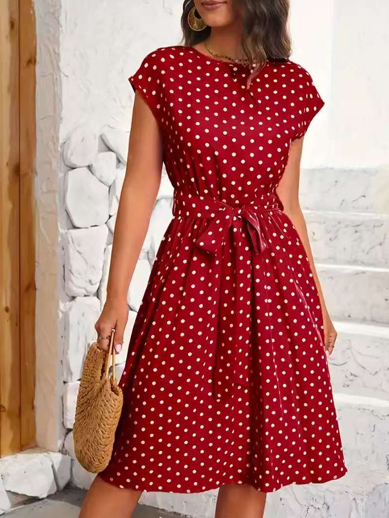 Polka Dot Midi Dress With Waist Tie Belt For Women Streetwave Chic Flattering Fit
