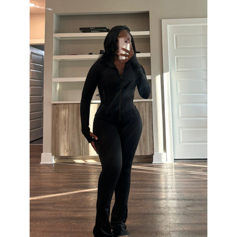 Streetwave Women Bodycon Jumpsuit With High Collar And Full Zip For Versatile Streetwear And Breathable Comfort
