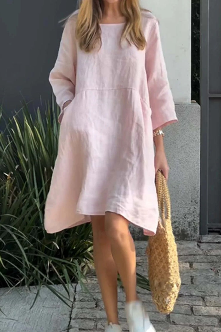 Street-Wave Womens Linen Dress With Pockets And Asymmetric Hem For Summer Style Essentials