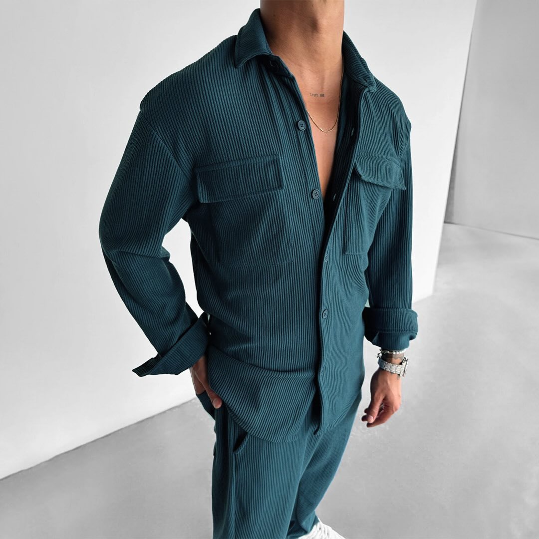 Street-Wave Men's Utility Shirt With Double Chest Pockets Ribbed Corduroy Versatile Everyday Wear