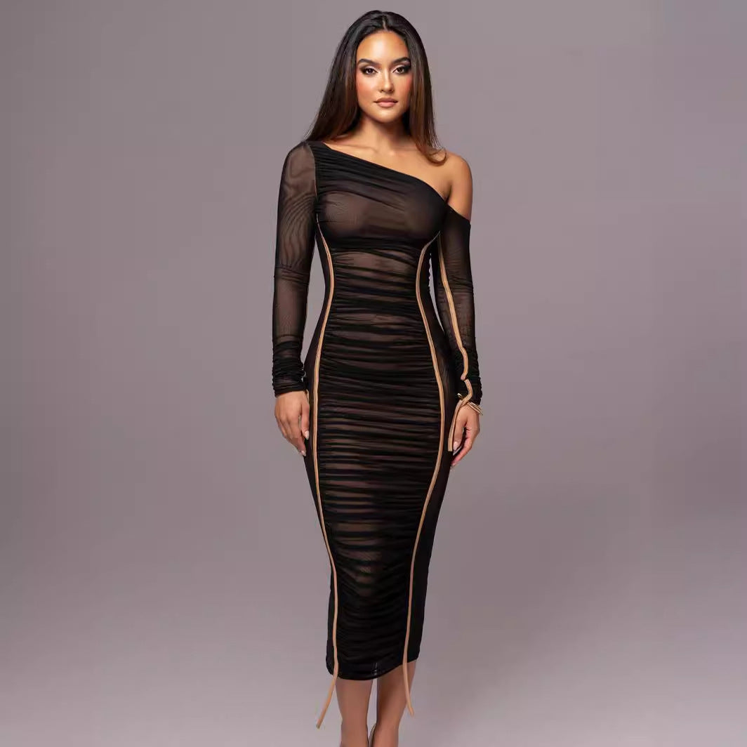 Street-Wave Womens Bodycon Dress Asymmetric One Shoulder Long Sleeve Tailored