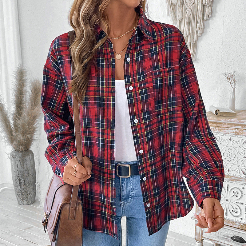 Street-wave Women's Lightweight Cotton Plaid Shirt Loose Fit for Casual Everyday Wear