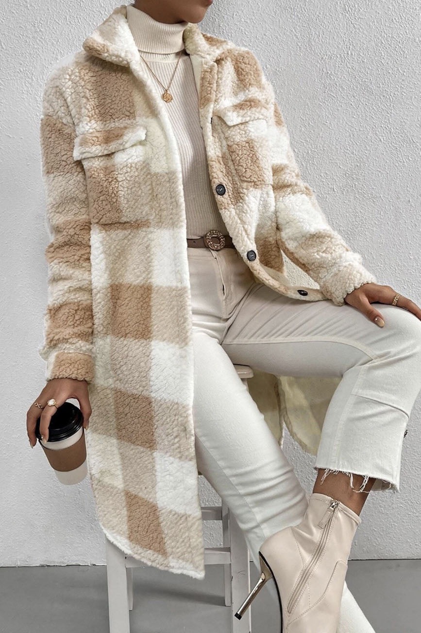 Streetwave Plaid Teddy Coat For Women Cozy Faux Fur Lined Wool Overcoat With Button Front