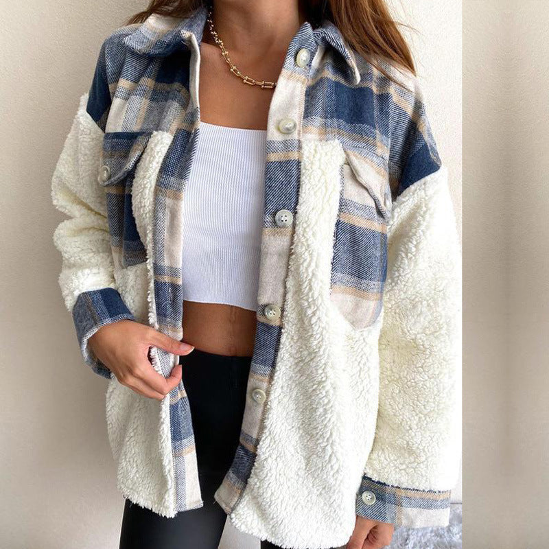 Streetwave Cozy Oversized Fleece Jacket With Plaid Pattern For Women Warm Plush Lining