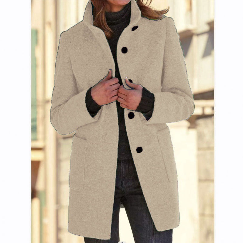 Street-Wave Womens Wool Jacket With Practical Pockets And Button Closure For Elegant Warmth