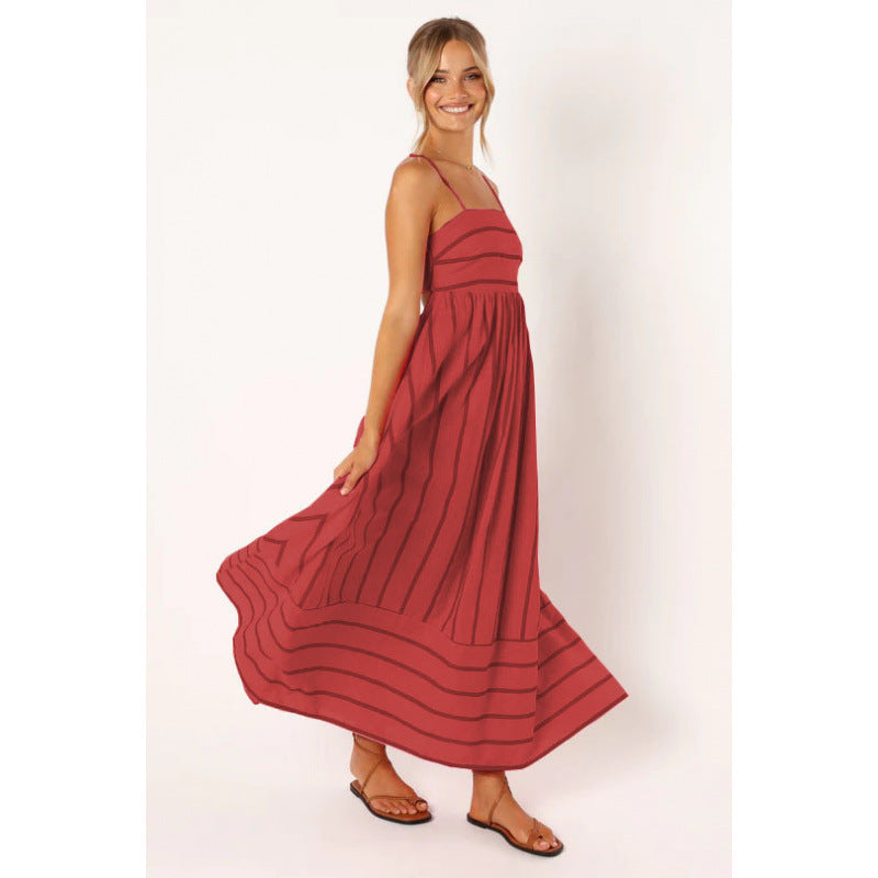Street Wave Women Striped Maxi Dress With Elastic Waist For Elegant Breathable Comfort