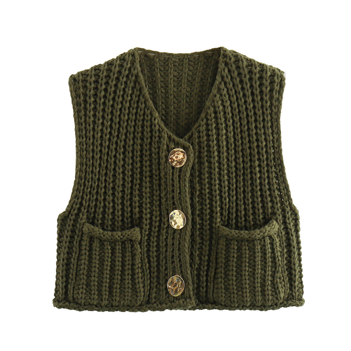 Street-Wave Women Knit Vest With Button Details And Pockets Trendy Breathable Cotton Blend