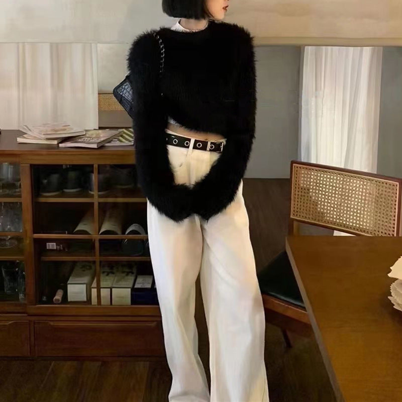 Street-wave Women's Fluffy Cropped Sweater Soft Plush Knit Cozy Chic Everyday Top