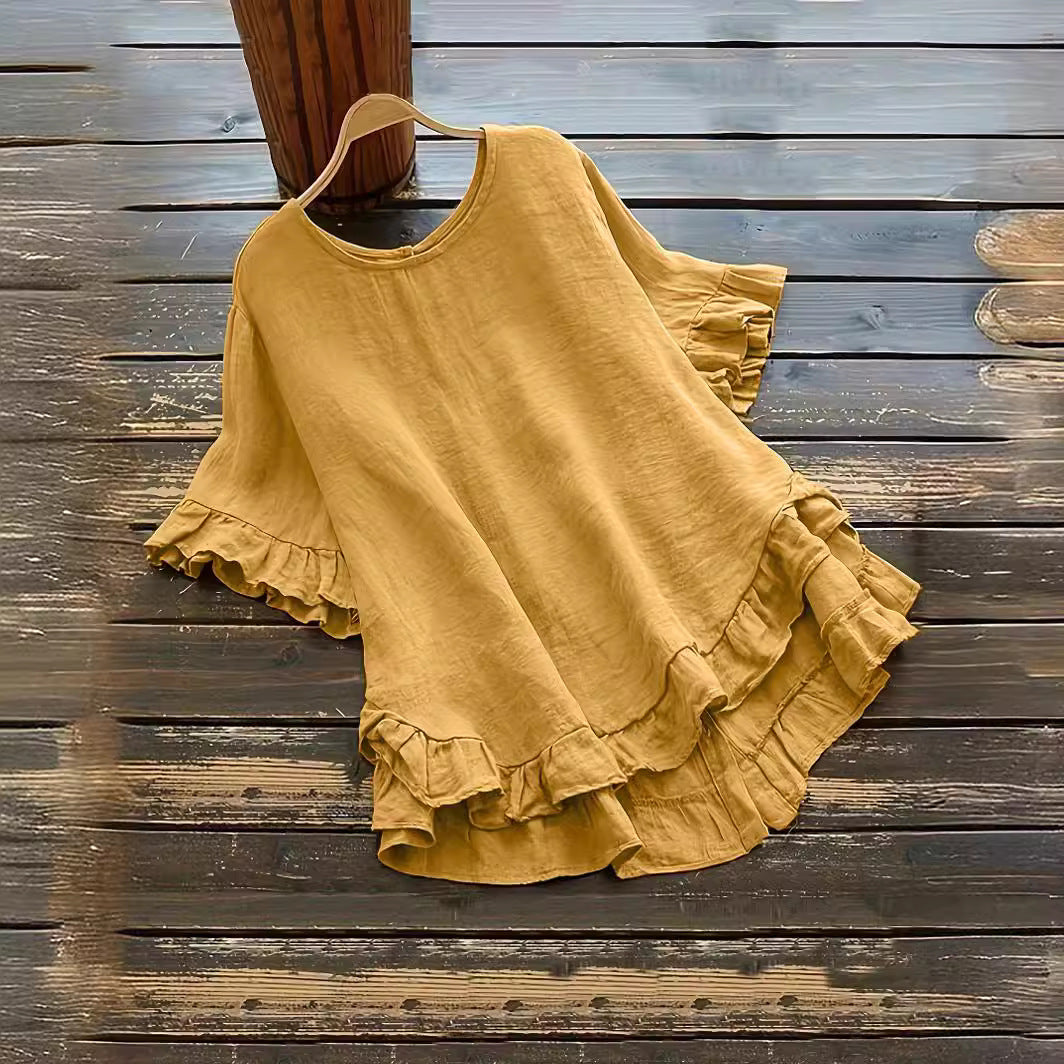 Street Wave Women's Ruffle Detail Loose Fit Top Breathable Cotton Blend Casual Everyday Shirt