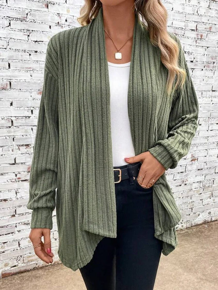 Ribbed Knit Cardigan Street-wave Womens Cozy Casual Comfort With Prominent Rib Design