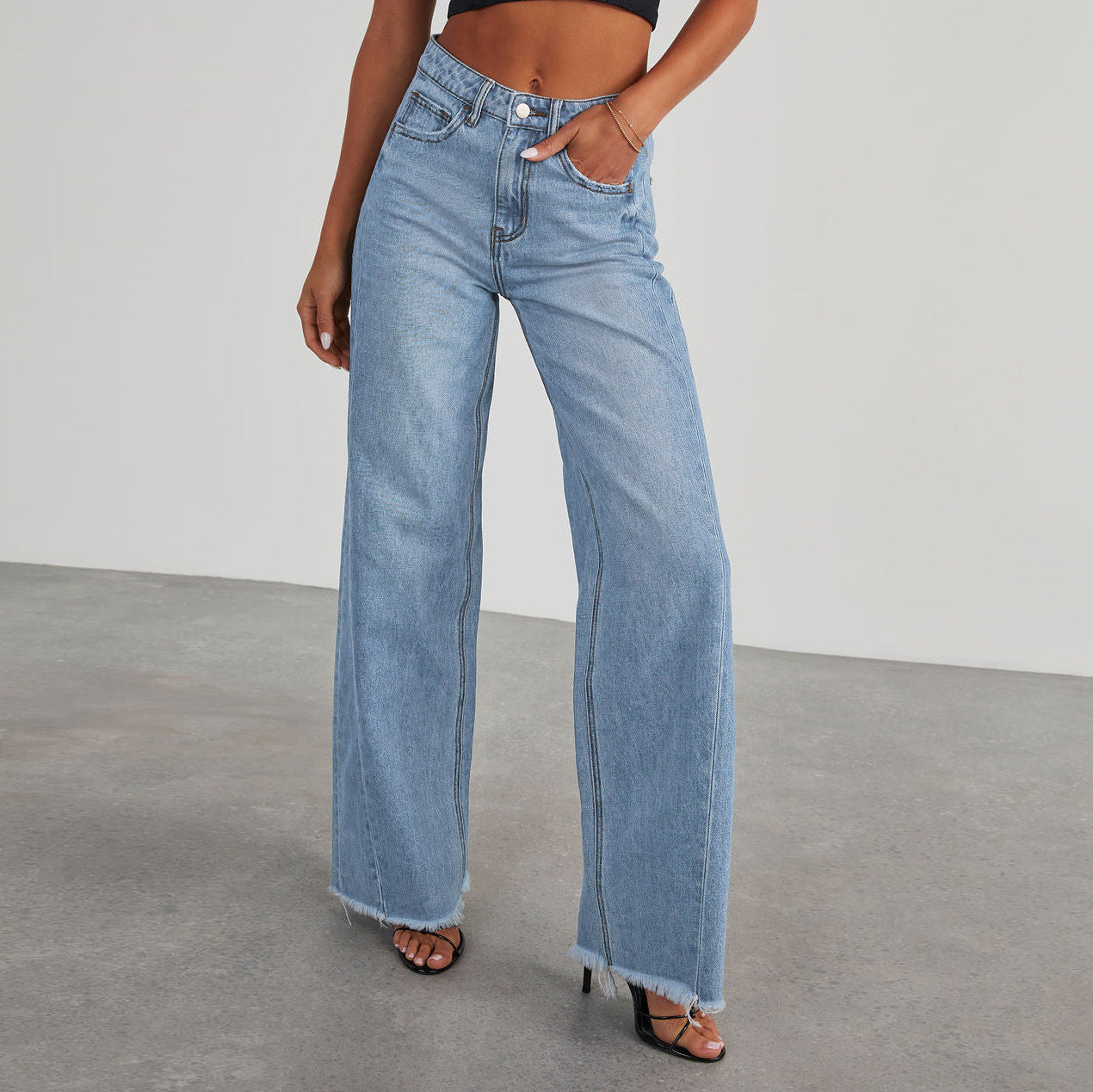 Street-wave Wide Leg Jeans For Women With Frayed Hem Trendy Casual Denim For Everyday Fashion
