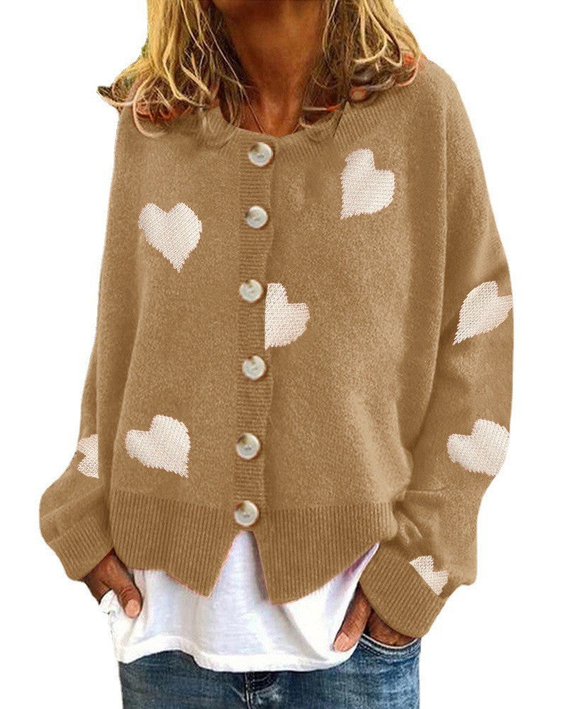 Street-Wave Womens Heart Knit Cardigan Cozy Soft Knitwear With Heart Pattern For Casual Chic