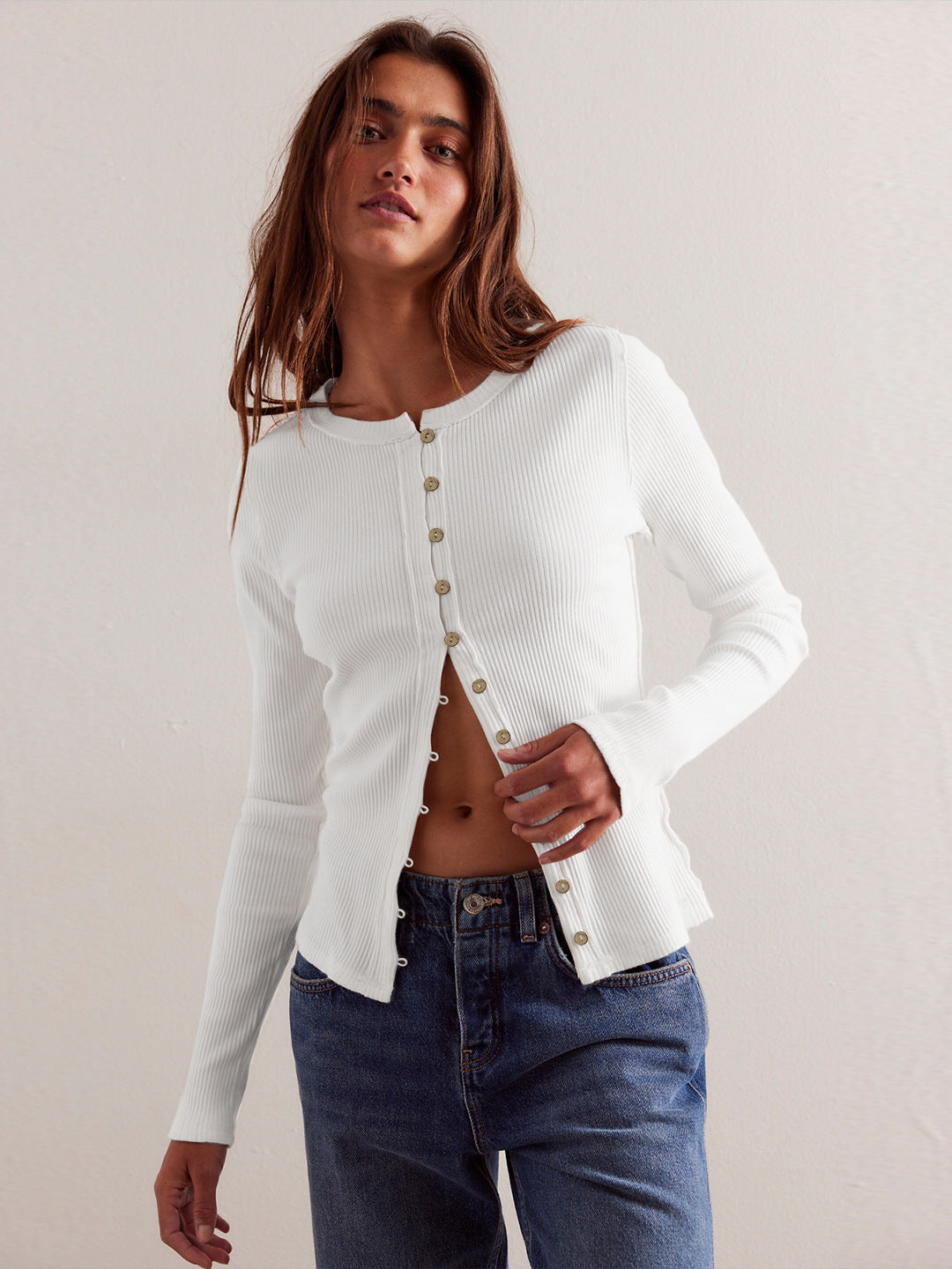 Ribbed Long Sleeve Top With Button Front - Form-Fitting Street-wave For Women, Everyday Essential