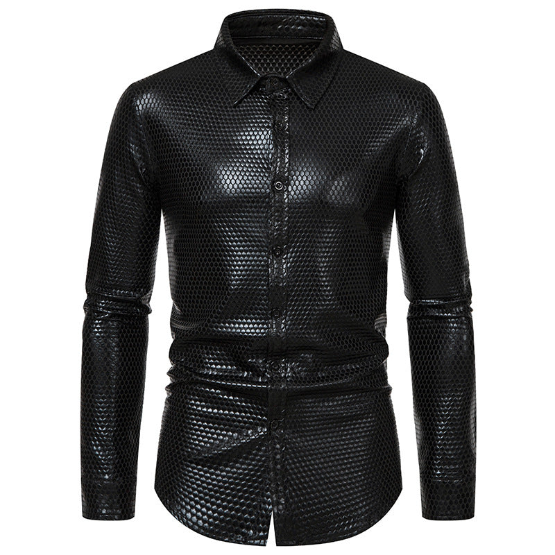 Street-wave Men's Glossy Honeycomb Pattern Dress Shirt Luxe Shine for Standout Occasions