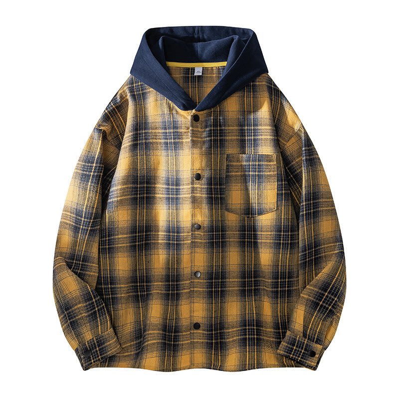 Street-wave Men's Hooded Plaid Shirt Jacket Lined Warm Casual Streetwear Versatile Outer Layer
