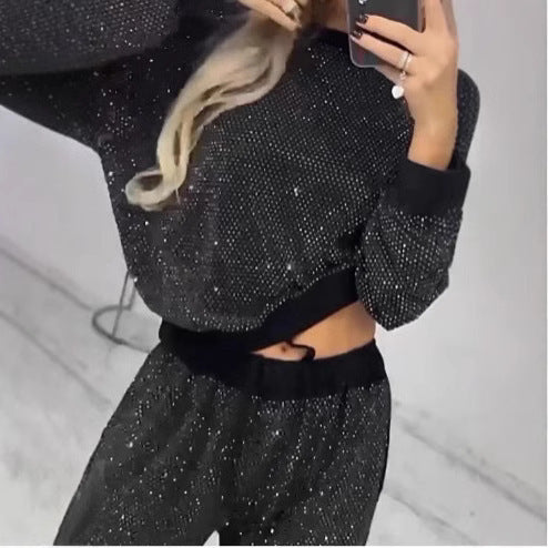 Street-Wave Glittery Women's Lounge Set With Cropped Sweater And Cozy Pants Sparkling Comfort