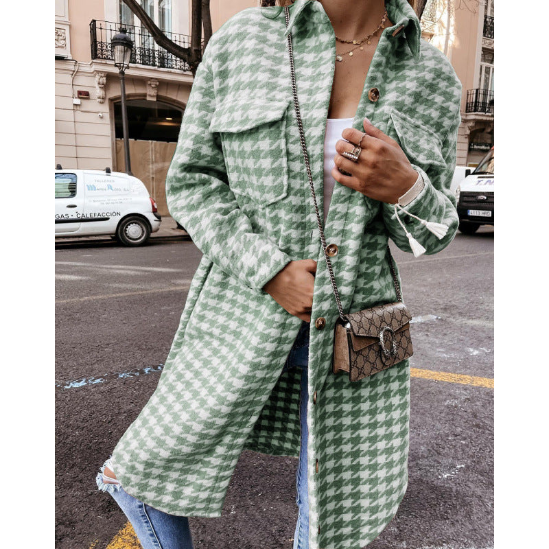 Street-wave Women Houndstooth Oversized Shirt Jacket Versatile Layering Chic Comfort And Street Style