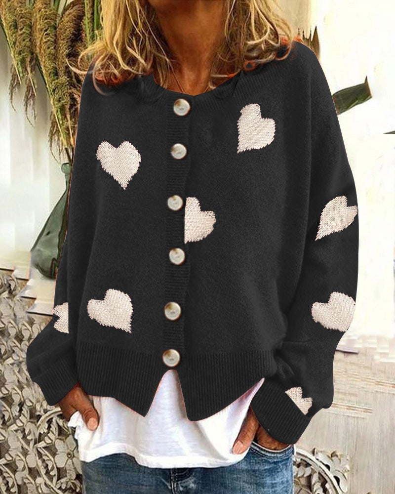 Street Wave Women's Heart Pattern Knit Cardigan With Button Front Cozy Cotton Blend
