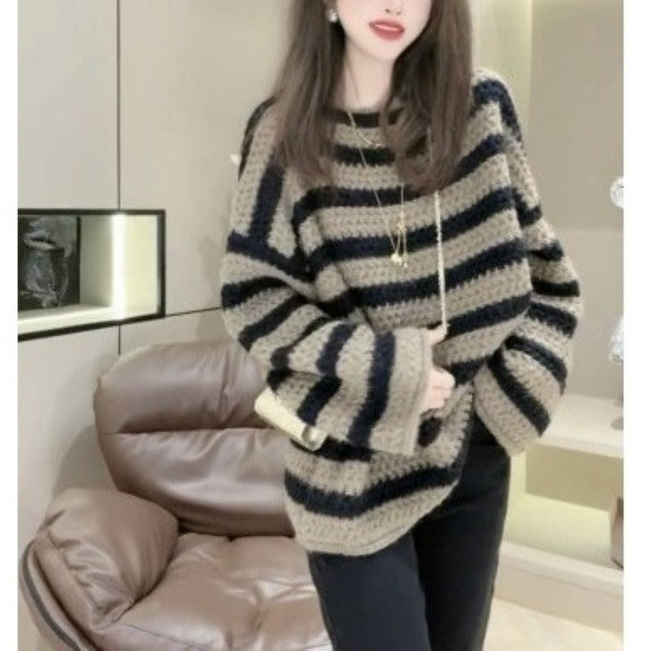Damen Grobstrickpullover mit lässigem Streifenmuster und voluminösen Ärmeln Street-wave - Street-wave