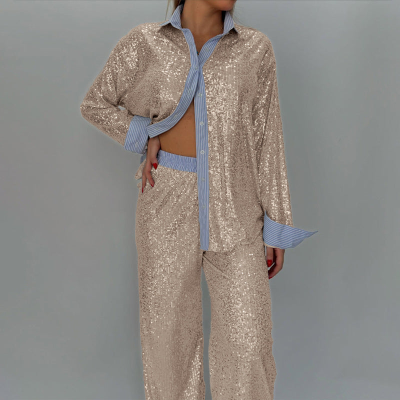 Street Wave Sequin Two Piece Suit Set With Loose Blazer And Wide Leg Pants For Party Glam