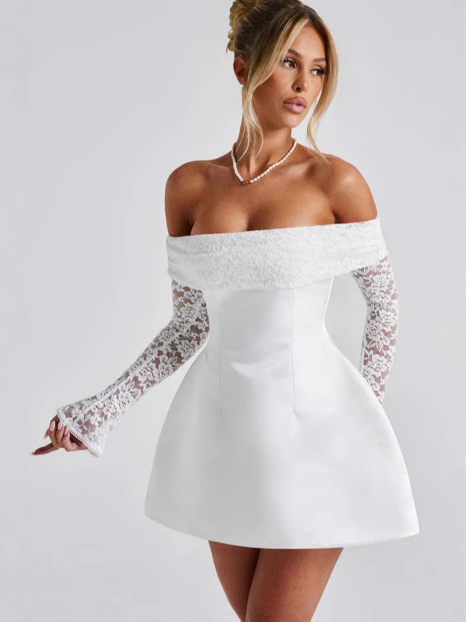 Streetwave Elegant Off Shoulder Dress With Floral Lace Sleeves And Swing Skirt For Women