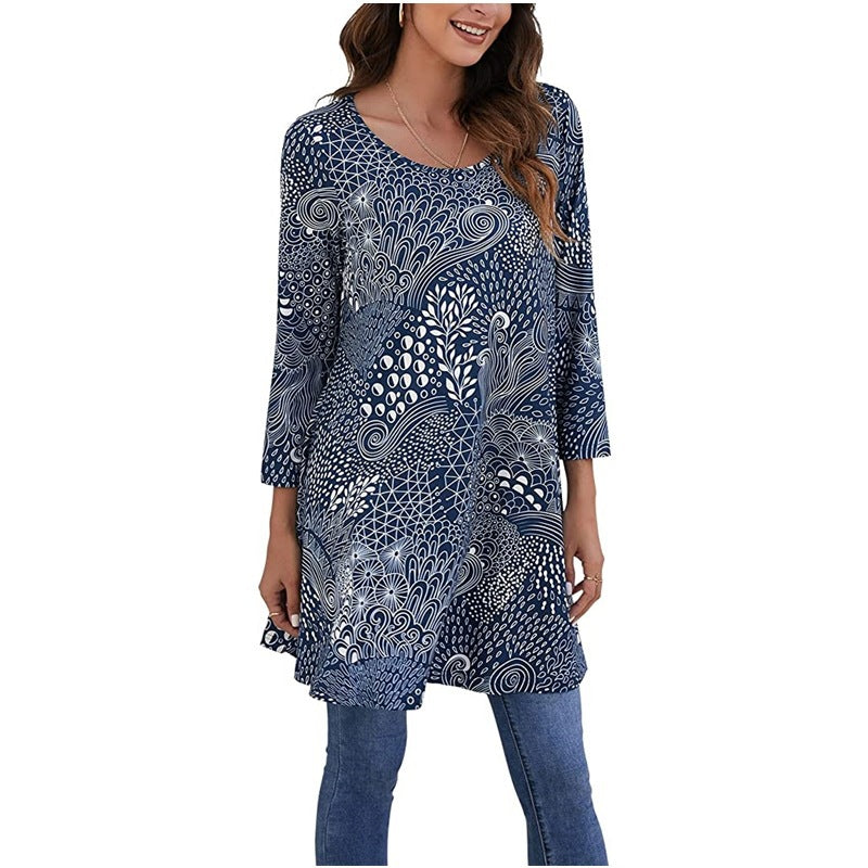 Street Wave Mandala Print Tunic For Women Comfortable Boho Everyday Top With Unique Mandala Design