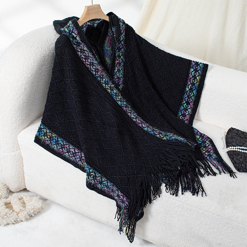 Womens Poncho Street-Wave Elegant Luxurious Knit With Fringe Detailing For Stylish Women