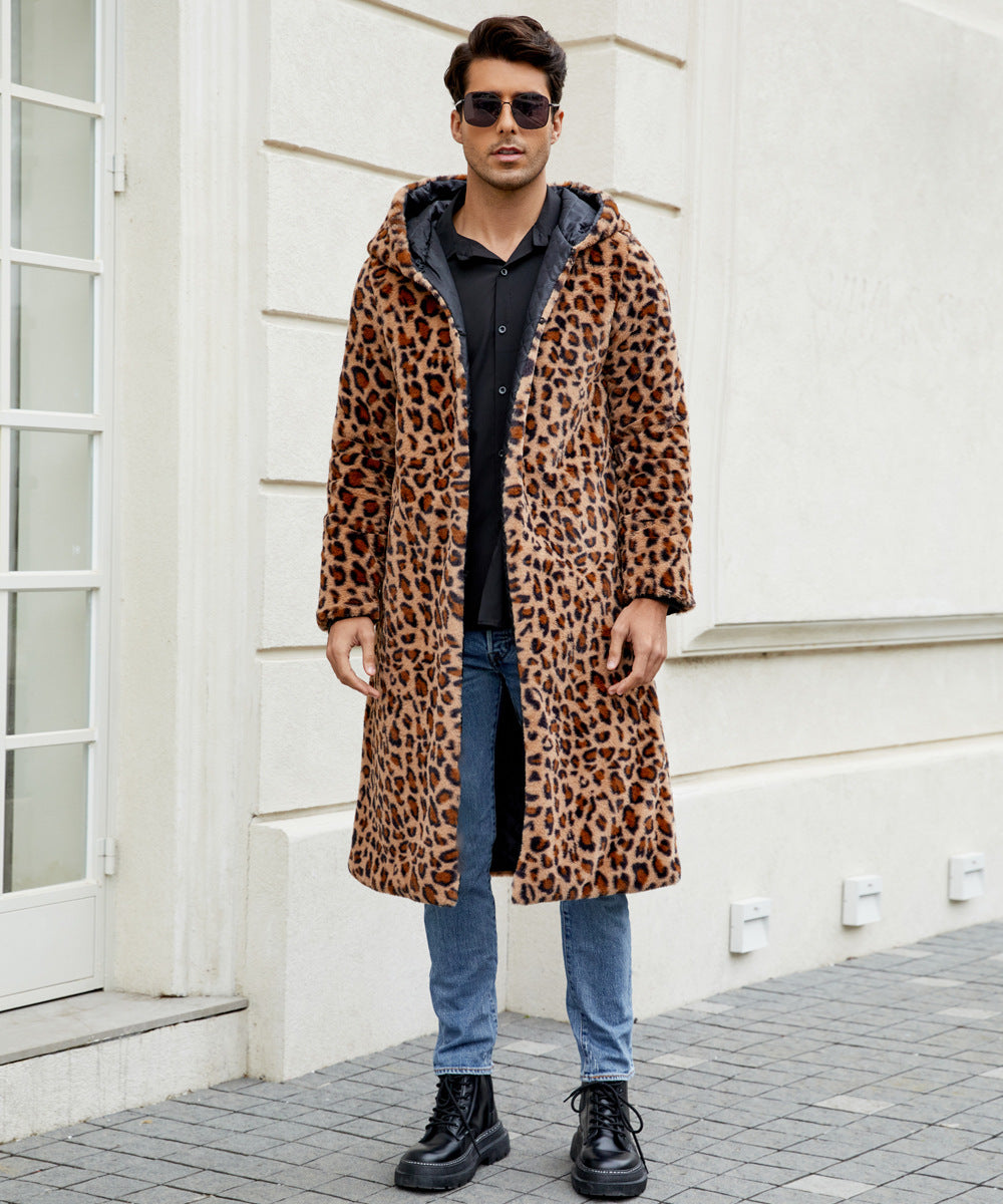 Street-Wave Men's Leopard Print Faux Fur Coat - Elegant Warmth, Premium Comfort Outerwear