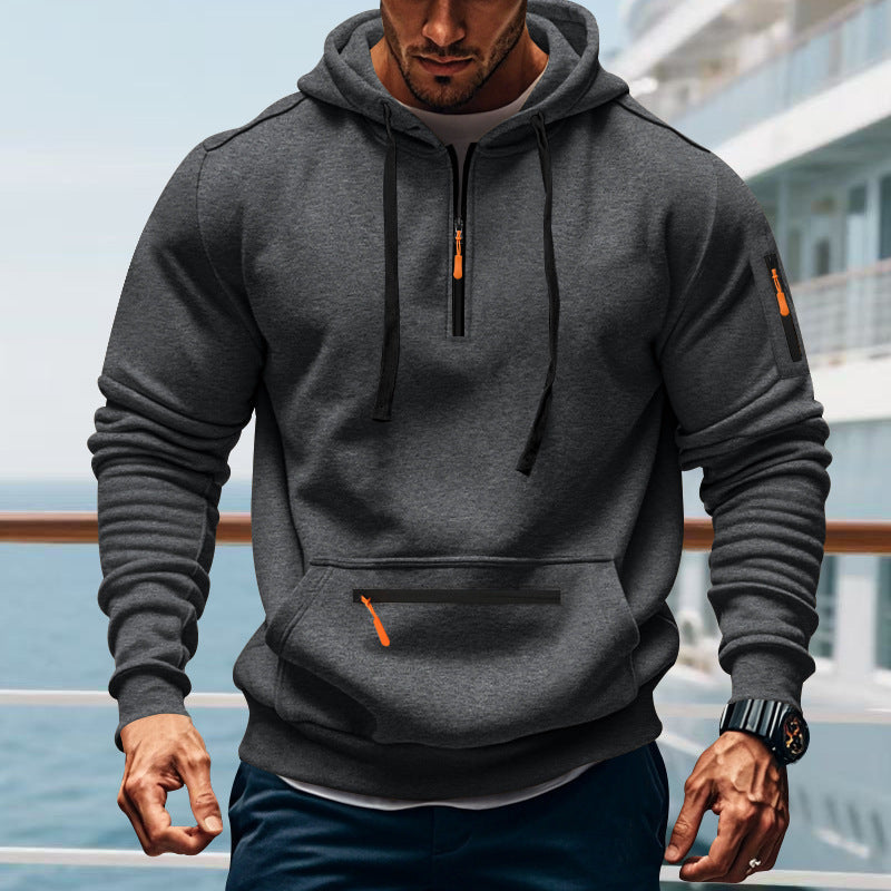 Men Street Wave Hooded Sweatshirt With Two Way Zip And Side Pockets Sporty Versatile Everyday