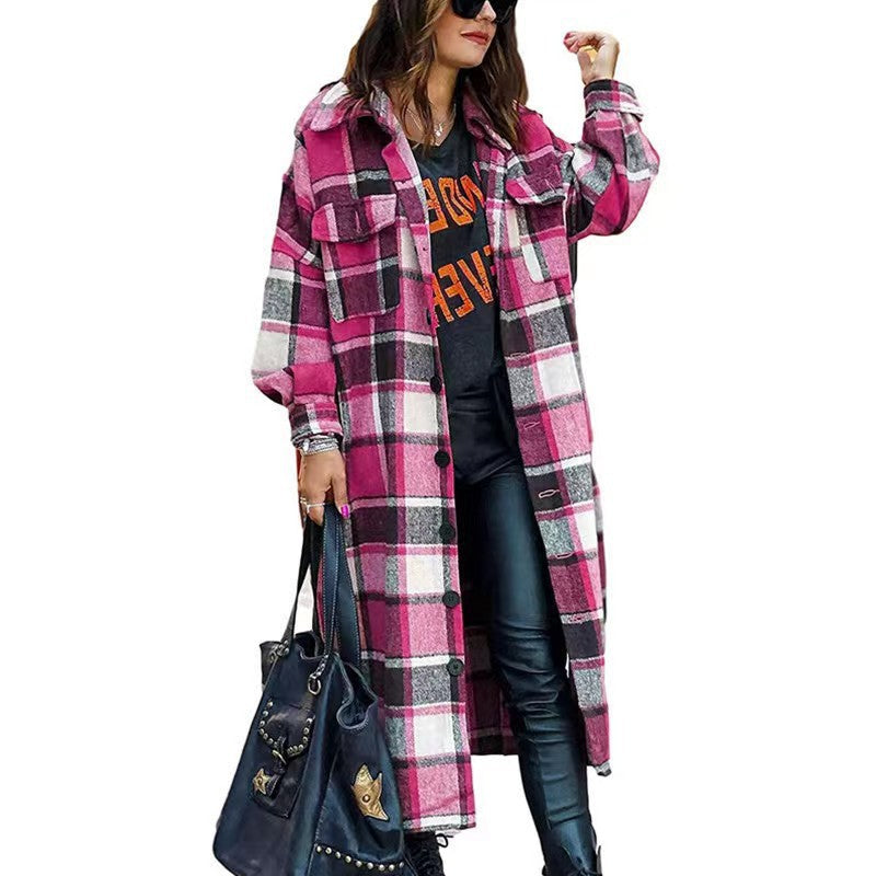 Street-wave Women's Plaid Long Coat With Practical Pockets, Cozy Transit Outerwear