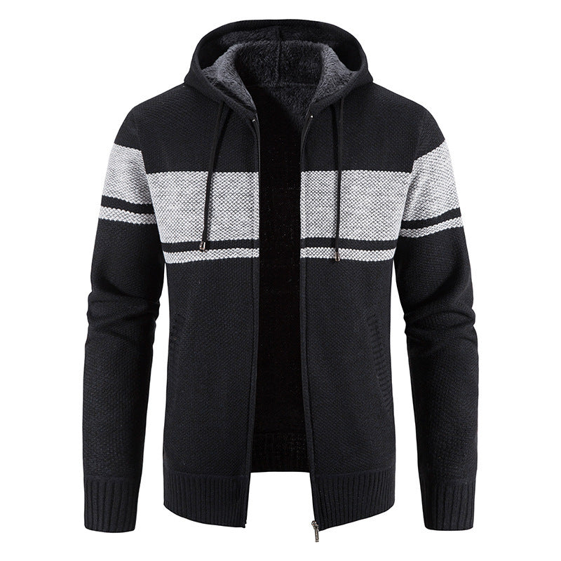 Mens Hooded Cardigan With Contrast Stripe Pattern By Street Wave Warm Knit Jacket