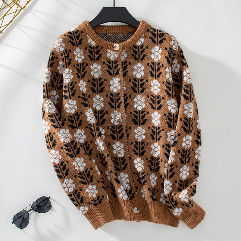 Street-Wave Floral Knit Cardigan For Women Soft Cotton-Acrylic Blend Button Front Jacquard Floral Chic Essential