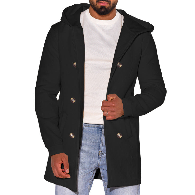 Street-Wave Mens Fashion Coat With Removable Hood And Double Button Placket For Stylish Outdoors