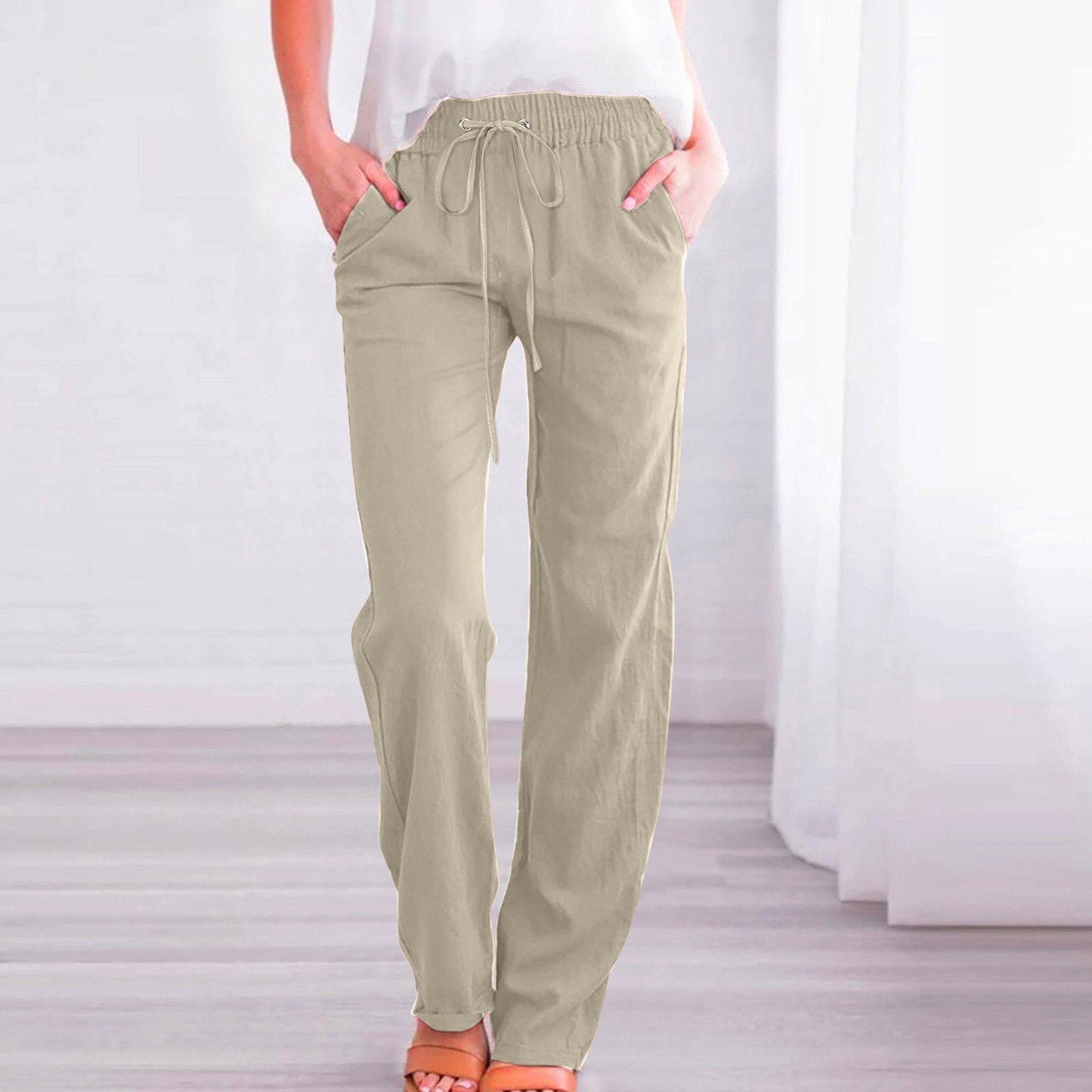 Streetwave Women's Linen Pants With Elastic Waistband And Pockets For All Day Comfort