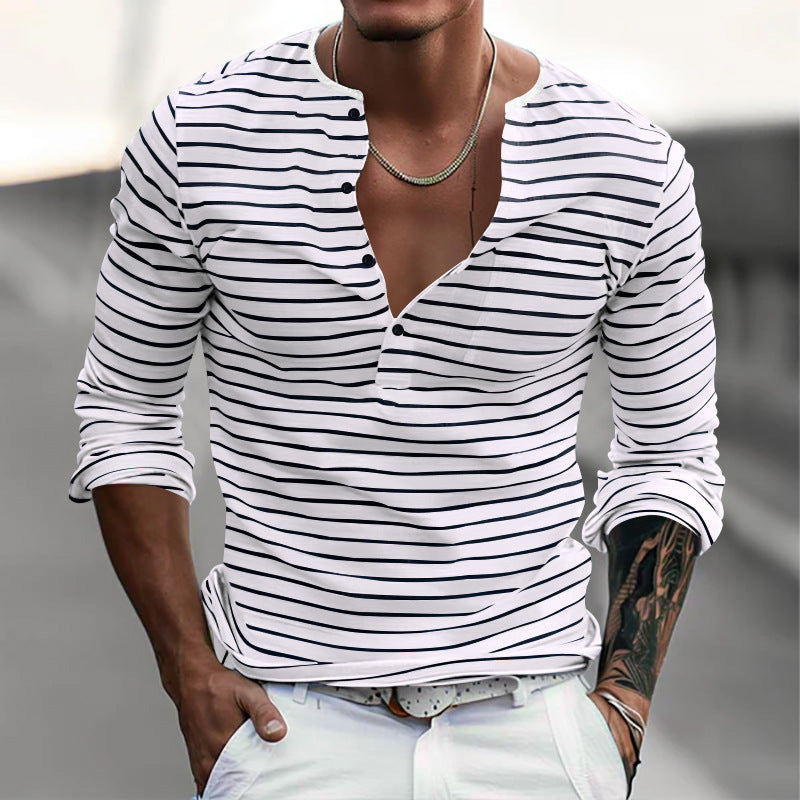 Street-wave Men's Striped Long Sleeve Henley Shirt With V-Neck Button Placket For Casual Style
