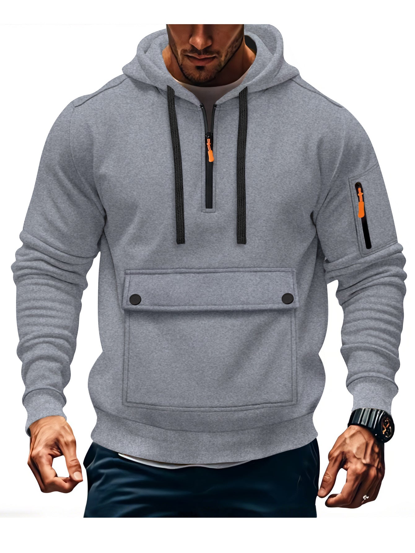 Street-wave Men's Casual Hoodie With Front Kangaroo Pocket And Sleeve Zip Pocket Performance