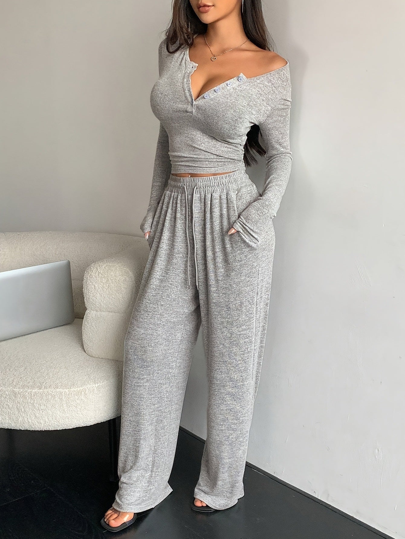 Streetwave Womens Cozy Loungewear Set With Soft Knit Long Sleeve Top And Palazzo Pants For All Day Comfort