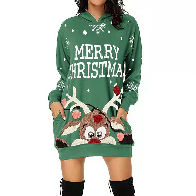 Street-wave Cozy Hooded Christmas Dress For Women With Cute Reindeer Motif And Merry Christmas Print