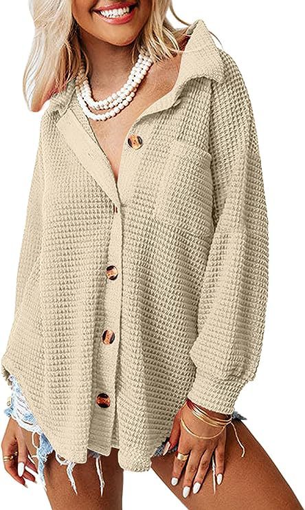 Street Wave Waffle Knit Shirt Jacket Women Oversized Casual Button Front Cozy Chic Everyday Layering