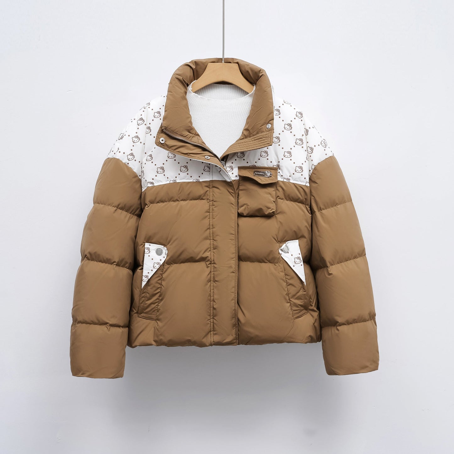 Streetwave Womens Puffer Jacket With High Collar And Hello Kitty Pattern Cozy Lined Winter Coat