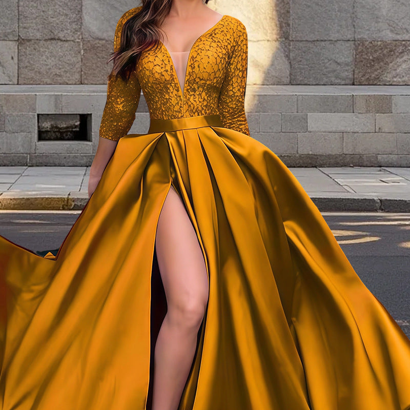Street-wave Women's Glamorous Evening Dress With Deep V-Neck And Side Slit A-Line Gown