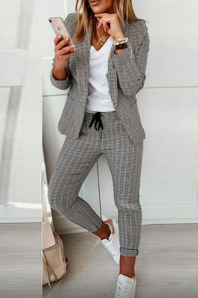 Street-Wave Women Checkered Blazer Set With Matching Trousers Versatile Office To Evening Wear
