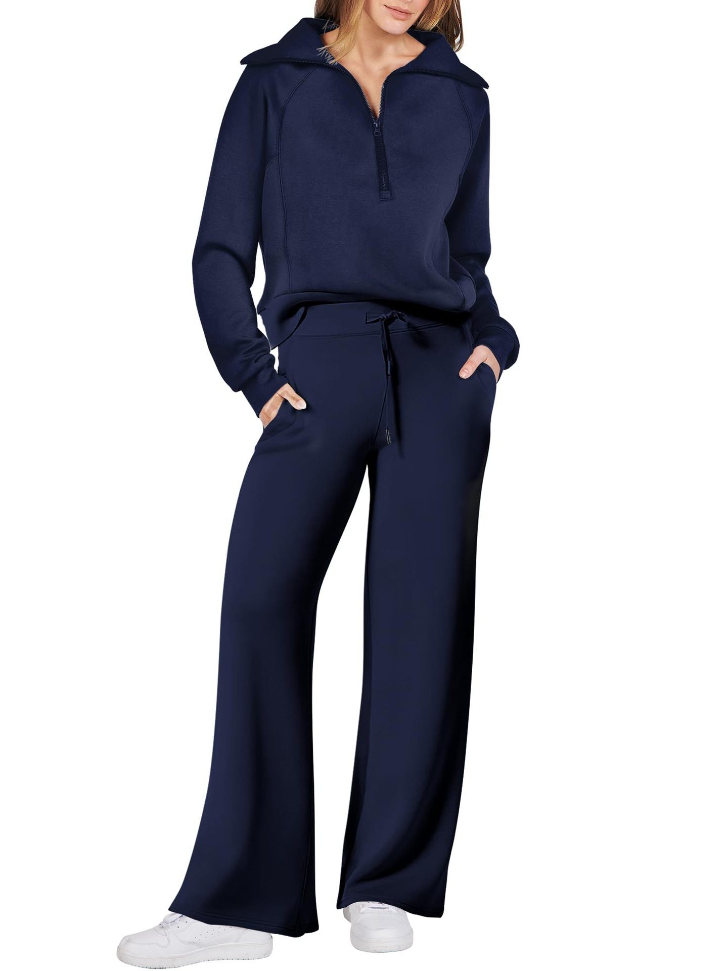 Street-wave Women’s Cozy Two Piece Set With Zip Front And Pockets Casual Loungewear For Home