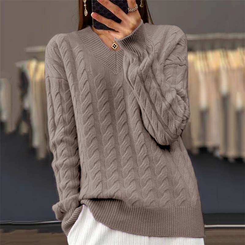 Street-wave Cable Knit Sweater for Women - Soft Warm Acrylic V-Neck Pullover, Cozy Everyday Essential