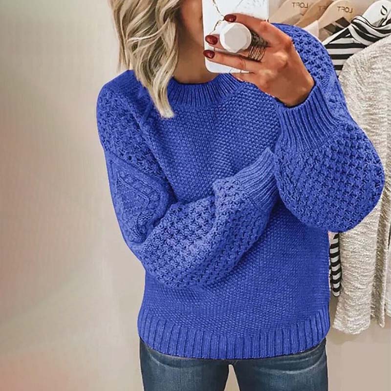 Street-Wave Solid Knit Pullover For Women Cozy Cotton Cashmere Blend All-Season Lantern Sleeves