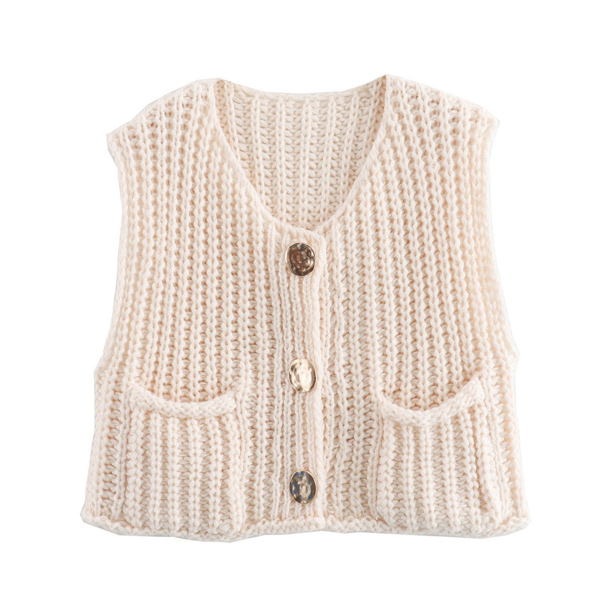 Street-Wave Women Knit Vest With Button Details And Pockets Trendy Breathable Cotton Blend