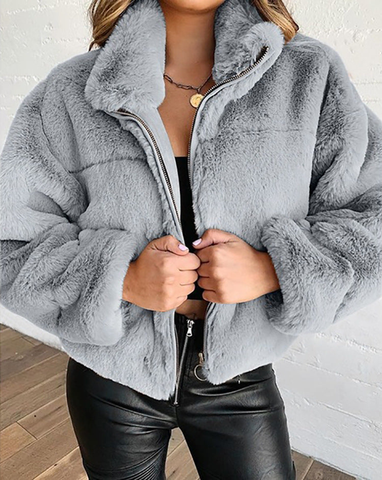 Street-wave Women's Fluffy Trend Jacket With High Collar For Cozy Warmth And Modern Chic