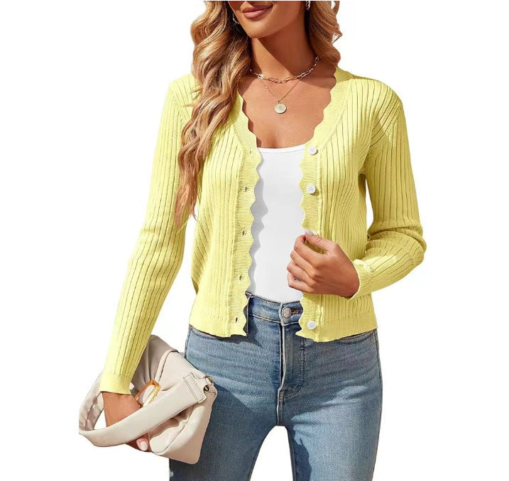 Street Wave Women Elegant Cardigan With Wavy Edge Knit Lightweight Chic Comfort Everyday