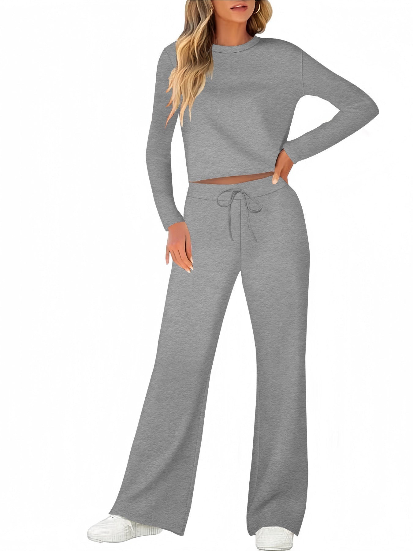 Street-Wave Women's Comfortable Wide-Leg Lounge Set With Long Sleeves For Relaxed Homewear